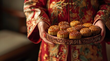 Woman holding a tray of mooncake dessert. Mid-Autumn Festival celebration treat. Traditional Chinese pastry for holiday. Asian woman in festive attire.