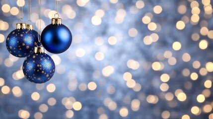 Blue Christmas ornaments with golden sparkle details, hanging against a blurry background of warm bokeh light, for festive holiday decoration.