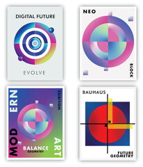 Futuristic Geometric Poster Set &ndash; Neon Gradient Bauhaus Abstract Shapes Design Collection