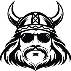 Obraz premium A black and white Viking face with long beard wearing sunglasses and helmet