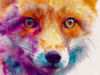 Fototapeta premium Vibrant and colorful watercolor portrait of a fox with intense golden eyes capturing the essence of wild nature in artistic brush strokes and splashes