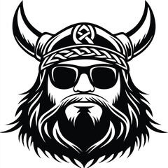 Black and white of a stylish bearded Viking wearing sunglasses and horned helmet