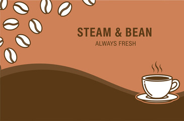 Steam & Bean Always Fresh Coffee Banner  Brown Wave Design Vector Illustration 