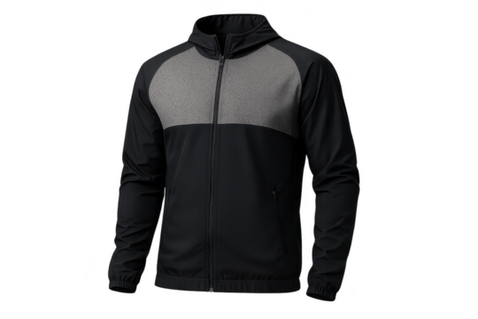 Black and grey men's athletic jacket with hood, isolated on transparent background