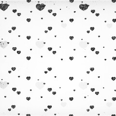 Seamless black-and-white pattern of scattered glitter hearts on clean white—minimal romantic background for Valentine, wedding, wrapping paper, fabric, stationery, scrapbook, digital paper.