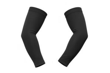 Pair of black arm sleeves for sports isolated on transparent background.