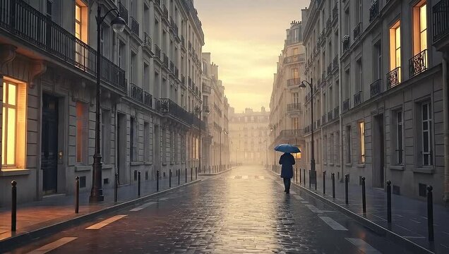 Rainy Street Scene - A Person Walks Under an Umbrella in Paris.