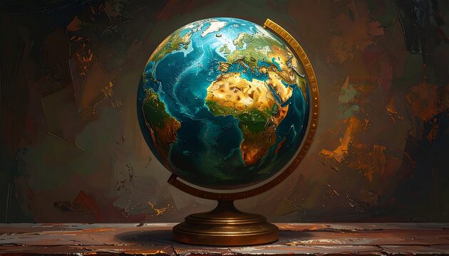 A vintage-style painting featuring a globe on a stand, showcasing continents and oceans against a textured backdrop