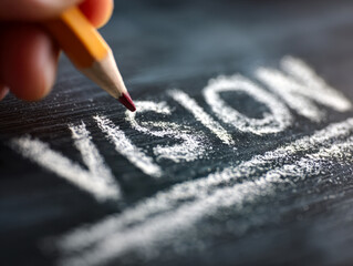 Hand writing vision word with white chalk on a blackboard symbolizing goal setting and strategic planning concepts in business and education contexts