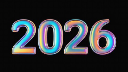  Holographic rainbow &ldquo;2026&rdquo; centered on a plain black background, crisp edges