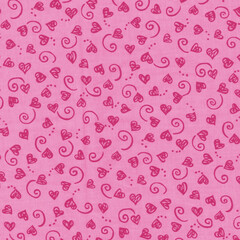 Seamless pink pattern of hand-drawn hearts, swirls and dots in magenta. Playful Valentine background for fabric, wrapping paper, stationery, kids decor and romantic designs.