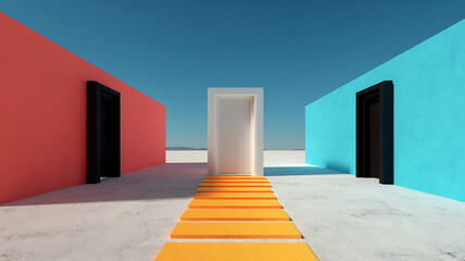 Exploring diverging pathways: a brightly lit central door beckons, flanked by two mysterious dark entrances