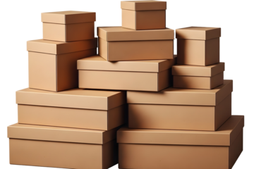 Pile of brown cardboard boxes isolated on transparent background in various sizes