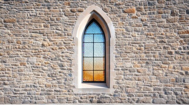 Stained Glass Gothic Window in Brick Wall, architecture , church