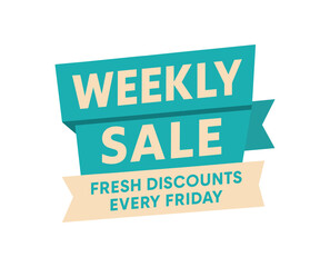 Flat vector banner design text Weekly Sale subtitle Fresh discounts every Friday bold geometric font turquoise and beige palette ribbon folded shape