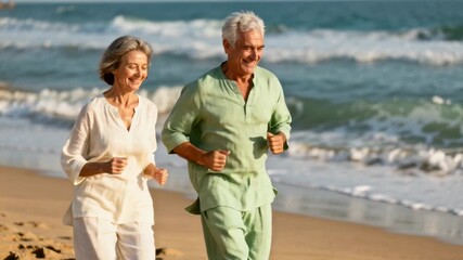 Active senior couple jogging on the beach at sunrise. Happy mature man and woman running together by the ocean. Healthy retirement lifestyle and wellness concept