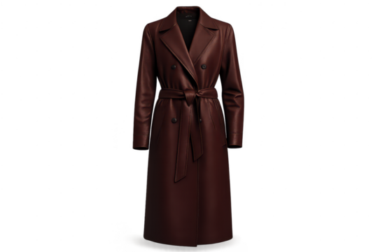 Elegant brown leather trench coat with belt isolated on transparent background. - Powered by Adobe