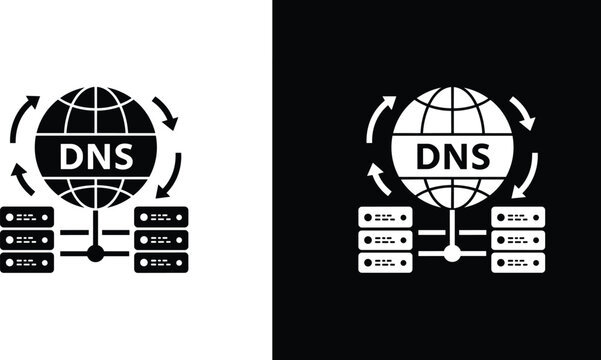 DNS server connection icon illustration, global network data exchange concept, domain name system configuration, internet hosting, web technology communication vector design