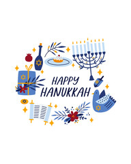 Hanukkah greeting card. Traditional jewish holiday illustration design with happy hanukkah congratulation. Vector cartoon illustration isolated on a white background.