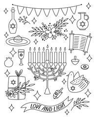 Hanukkah traditional jewish holiday doodle symbols set isolated background. Cartoon flat vector illustrations isolated.