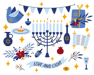 Hanukkah Celebration Set Vector Illustration. Menorah, dreidels, and festive elements. This colorful design highlights traditional icons for the Jewish holiday of Hanukkah
