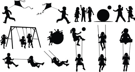children, outdoor, play, silhouette, motion, activity, swing, ball, kite, tug, posture, fun, group, icon