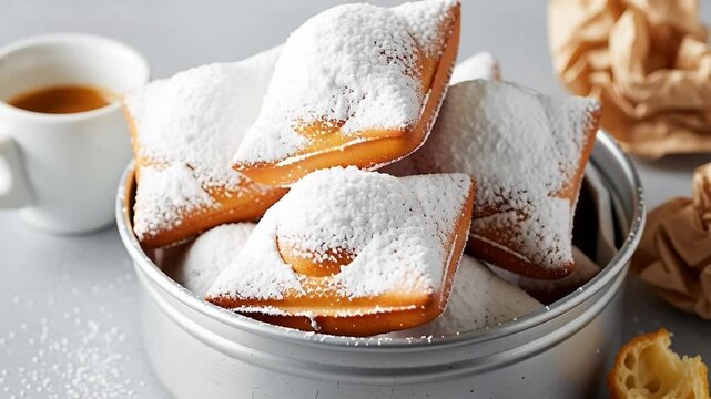 Mouthwatering French Beignets Dusted with Powdered Sugar in a Metal Bowl with Coffee