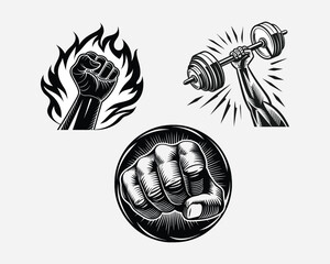 Three black and white illustrations of fists and a dumbbell, symbolizing power, fitness, and resilience. These icons convey a strong message of effort and achievement