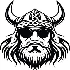 Obraz premium Cool Viking wearing sunglasses with horned helmet and long beard is displayed
