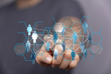 Abstract conceptual image depicting digital network, community, communication, and connectivity between people.