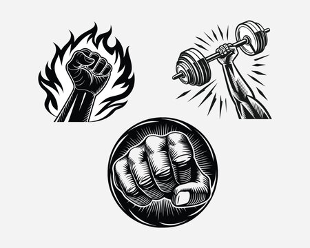 Three black and white illustrations of fists and a dumbbell, symbolizing power, fitness, and resilience. These icons convey a strong message of effort and achievement