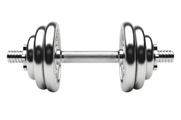 Closeup of a shiny chrome dumbbell isolated on transparent background, fitness concept