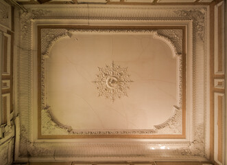 Ornate cracked plaster ceiling with decorative medallion in an abandoned mansion