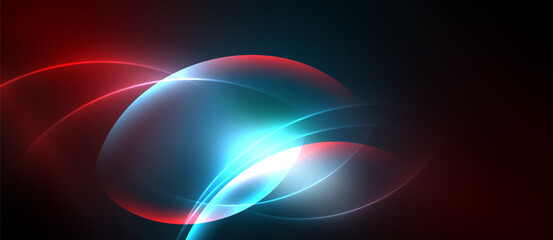 Abstract design features vibrant curves, glowing lines. Red, blue hues blend into dark background creating dynamic visual effect.