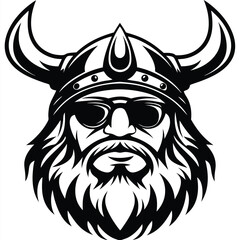A bearded Viking warrior with sunglasses wearing a horned helmet in black and white