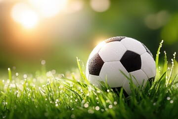Fototapeta premium Soccer Ball on Grass — Sunset Bokeh