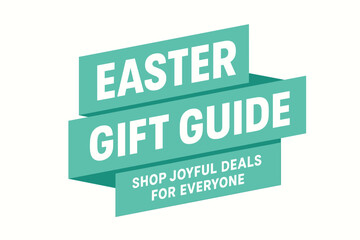 Flat vector banner design text Easter Gift Guide subtitle Shop joyful deals for everyone bold geometric font mint and white palette ribbon folded shape