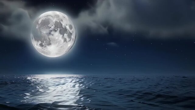 Moonlit Ocean Night scene with full moon reflecting on water.