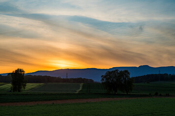 Golden Sunset Over Rolling Farmland with Silhouetted Trees and Distant Hills