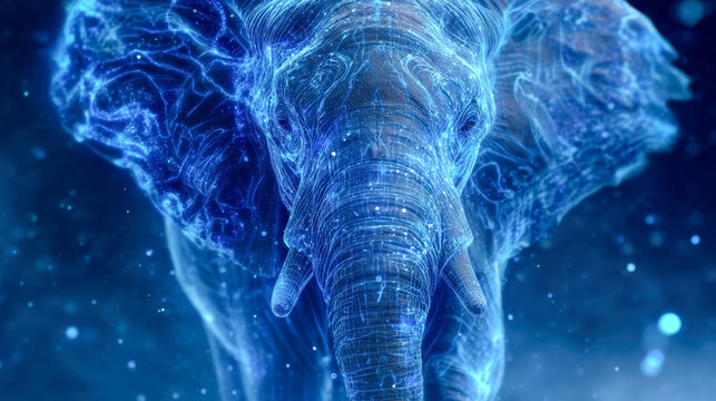 Futuristic neon blue digital elephant head rendered with glowing abstract lines and particles in a cybernetic style against a dark background scene