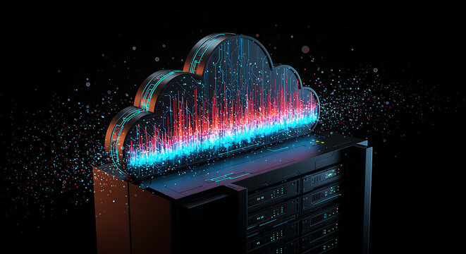 Digital cloud data server with glowing circuit board - Powered by Adobe
