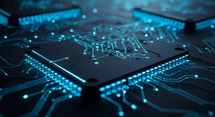 Close up of glowing blue circuit board pathways and processors