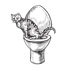 Cat sitting in the toilet, doodle black ink drawing, woodcut vector