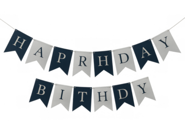 Happy birthday banner decoration for celebration and party events, flags forming text on transparent background