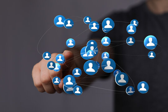 Visual representation of digital connection, social media network concept and globalization through a human touch and hand pointing at the linke - Powered by Adobe