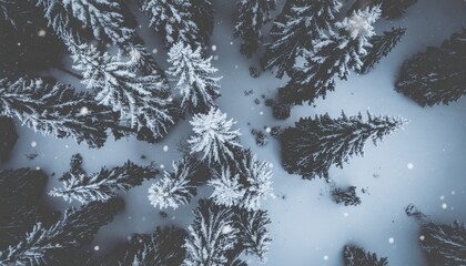 aerial top-down view of winter forest with snow-covered fir trees and delicate falling snowflakes