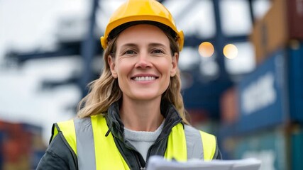 Female logistics worker wearing high-visibility vest smiles while verifying cargo documentation, surrounded by large containers and warehouse lights, cinematic depth of field - Powered by Adobe