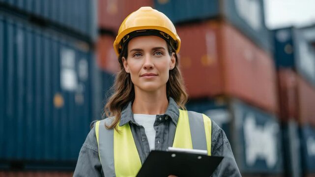Female customs officer wearing a reflective vest and safety helmet stands beside colorful shipping containers, clipboard in hand, sunlight highlighting her focused expression, glob