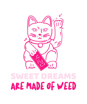 Stoner Lucky Cat Cartoon &ndash; Psychedelic Maneki Neko Weed Art | Funny Cannabis Illustration with Chill Vibes, 420 Lifestyle & Whimsical Pink Outline | Trippy Cat Design for Weed Lovers