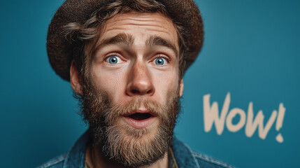 surprised bearded man saying wow on blue background
